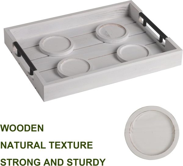 wholesale direct white wood serving tray farmhouse decorative ottoman trays with 4 round coasters coffee table tray living room tray with handles for eating breakfast in bed white bulk purchase at factory prices