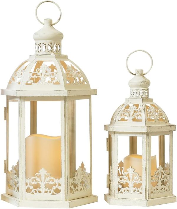 custom wholesale lanterns decorative outdoor&indoor, set of 2 (15"&11") beige metal lantern decor with glass, candle holder for porch, patio, garden, fall, wedding, christmas, table centerpiece oem/odm services