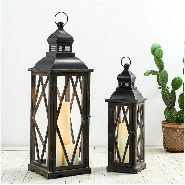 custom wholesale glitzhome 2 pack farmhouse wood/metal decorative candle lanterns vintage hanging lantern for patio - tabletop, black (no glass) oem/odm services