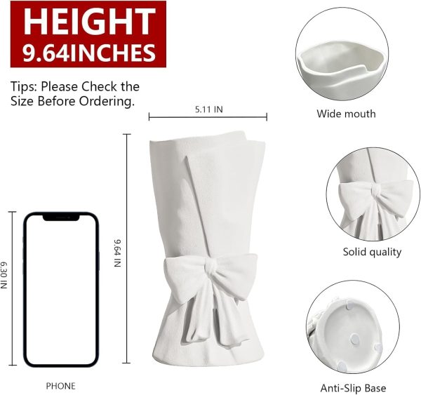 oem/odm services white ceramic vase unique cute bow decorative bouquet flower vases, 9.64in large modern dried flowers tulips branches vase for home living room table decor women girl gifts affordable bulk deals