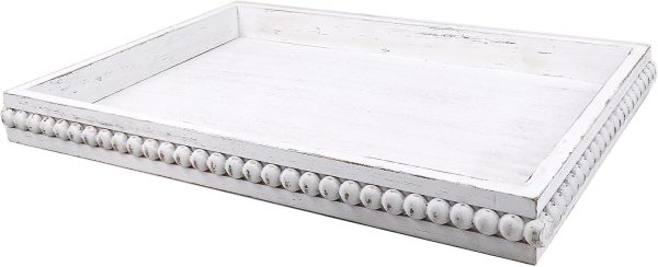 wholesale direct wood decorative coffee table serving tray, farmhouse rectangular tray with wooden bead for ottoman, entertaining, home decor, 15.7”*11.8”*1.57” (whitewashed) bulk purchase at factory prices