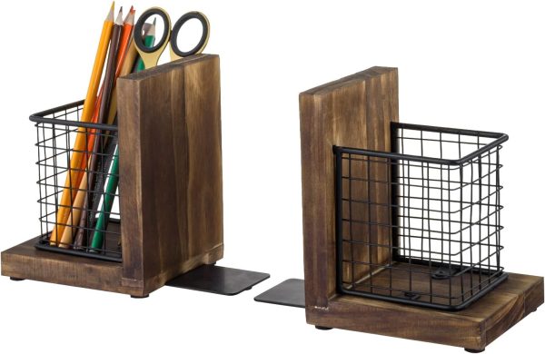 supplier direct mygift rustic burnt wood decorative bookends for heavy books with matte black metal wire basket pencil cup and office supplies storage baskets, 1-pair wholesale prices