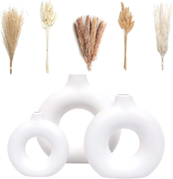 oem/odm services velova set of 3 white ceramic vase with 65 pcs dried pampas grass flowers aesthetic boho modern small round cute vases for decor living room coffee table shelf bedroom office desk home gifts women mom affordable bulk deals