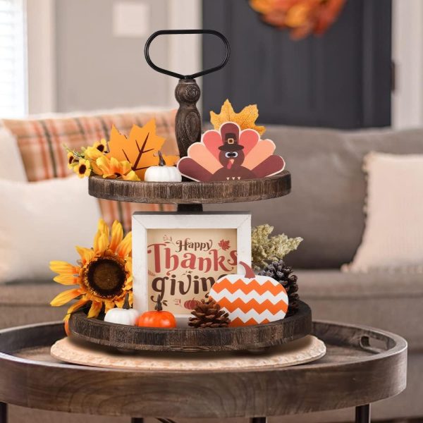 wholesale direct mustry rustic wooden 2 tiered tray, round farmhouse kitchen table decor serving tier tray, food fruits cupcake display coffee bar home party seasonal decorations (brown) bulk purchase at factory prices