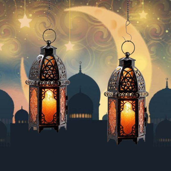 custom wholesale needomo moroccan lanterns decorative indoor & outdoor, hanging candle lantern, 11'' vintage candle holder, metal lanterns decorative, table, patio, porch, shelf, ramadan decorations (amber) oem/odm services