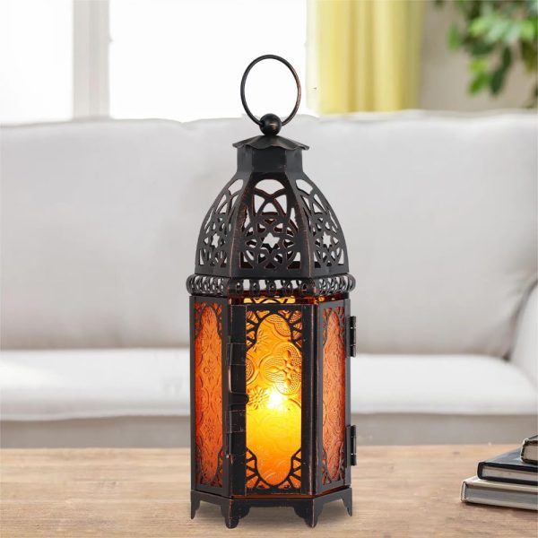 custom wholesale needomo moroccan lanterns decorative indoor & outdoor, hanging candle lantern, 11'' vintage candle holder, metal lanterns decorative, table, patio, porch, shelf, ramadan decorations (amber) oem/odm services