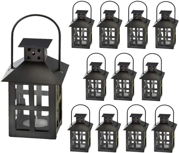 custom wholesale kate aspen decorative lanterns - 12pcs - distressed metal vintage mini wedding lantern, centerpiece for wedding table, accent piece and home decor, wedding favors and baby shower favors (black) oem/odm services