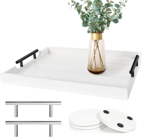 wholesale direct coffee table tray - large ottoman tray for living room - wood serving tray with handles(2 sets) - wooden tray for coffee table, 4 round coasters included, white bulk purchase at factory prices