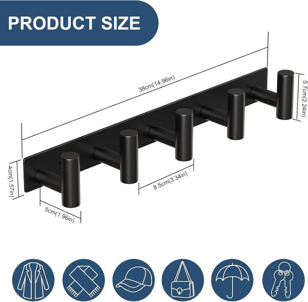 competitive pricing hufeeoh coat hooks wall mount, black t shaped 5 hooks stainless steel wall hooks towel rack for hanging, heavy duty key holder hat rack used for bathroom mudroom entryway one-stop wholesale