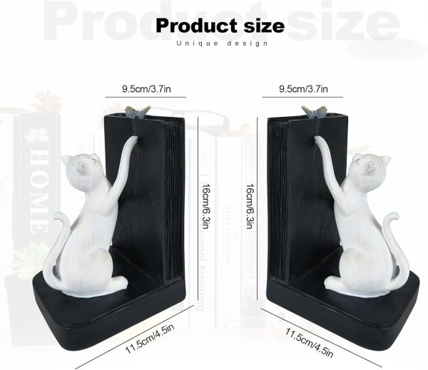 supplier direct liffy decorative bookends, heavy duty resin cat bookends, non-skid bookshelf stopper, cute cat figures for shelves, study, office desk (white, 1 piece) wholesale prices