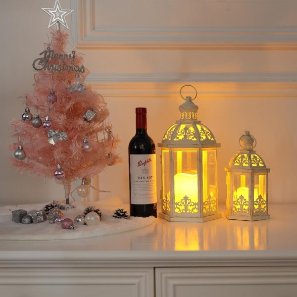 custom wholesale lanterns decorative outdoor&indoor, set of 2 (15"&11") beige metal lantern decor with glass, candle holder for porch, patio, garden, fall, wedding, christmas, table centerpiece oem/odm services