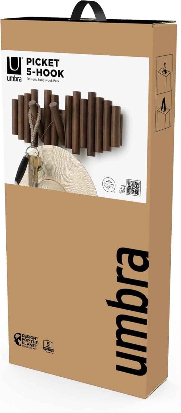 competitive pricing umbra picket wall-mounted coat rack rail hook with 5 retractable wood pegs – modern, space-saving storage organizer, walnut one-stop wholesale