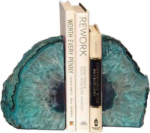 supplier direct amoystone agate geode bookends heavy duty stone book ends decorative bookend holder home office decor with rubber bumpers teal 1 pair, 2-3 lbs wholesale prices
