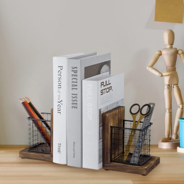 supplier direct mygift rustic burnt wood decorative bookends for heavy books with matte black metal wire basket pencil cup and office supplies storage baskets, 1-pair wholesale prices