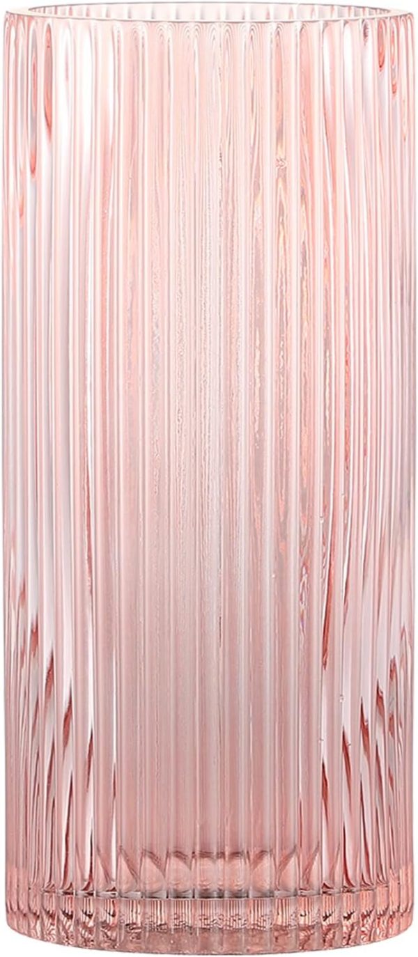 oem/odm services pink glass vase, glass flower vase, ribbed glass vase, pink vase, tall cylinder glass vase for centerpieces, living room, bedroom, dining table, office, wedding, bookshelf decoration,10 inches affordable bulk deals