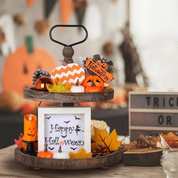 wholesale direct mustry rustic wooden 2 tiered tray, round farmhouse kitchen table decor serving tier tray, food fruits cupcake display coffee bar home party seasonal decorations (brown) bulk purchase at factory prices
