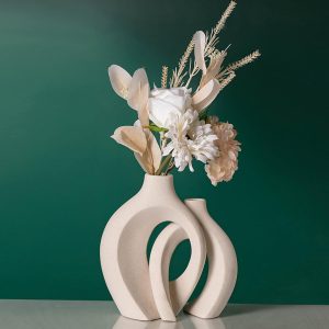 oem/odm services off white hollow ceramic vase set of 2, round modern vase for nordic minimalist book style shelf decor, donut boho aesthetic vases for trendy home living room entryway coffee table decorative affordable bulk deals