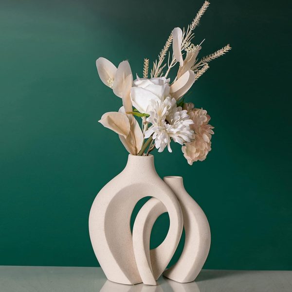 oem/odm services off white hollow ceramic vase set of 2, round modern vase for nordic minimalist book style shelf decor, donut boho aesthetic vases for trendy home living room entryway coffee table decorative affordable bulk deals