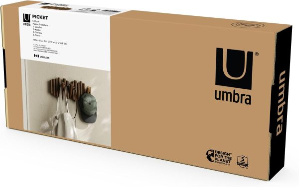 competitive pricing umbra picket wall-mounted coat rack rail hook with 5 retractable wood pegs – modern, space-saving storage organizer, walnut one-stop wholesale
