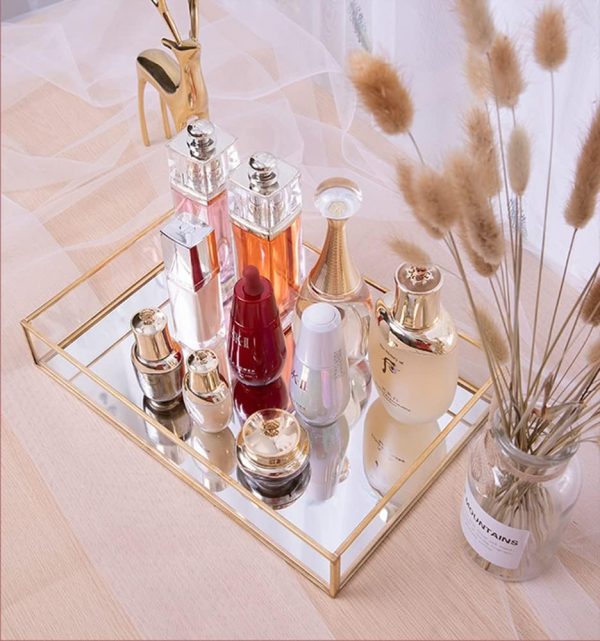 wholesale direct sooyee rectangle mirror decorative tray, gold can hold perfume, jewelry, cosmetics, makeup, magazine and more, for vanity,dresser,bathroom,bedroom(12”x8”) bulk purchase at factory prices