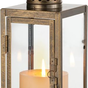 custom wholesale nuptio vintage lanterns decorative indoor: 9.5 inches tall hanging farmhouse metal lantern decor with glass - gold distressed candle holder for halloween home mantle living room patio oem/odm services