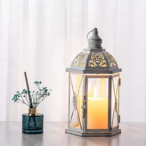 custom wholesale decorkey lantern decorative indoor & outdoor, 14.5'' candle lantern farmhouse home decor, hexagon vintage hanging metal candle holder for front porch shelf patio wedding party, christmas decorations oem/odm services