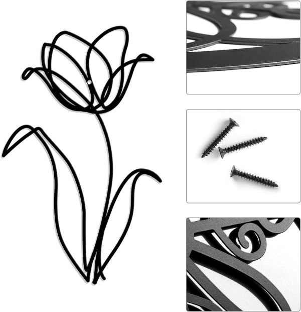 factory direct oubasa black metal flowers wall decor for bathroom, cute floral wall sculptures minimalist wall art for kitchen bedroom living room restroom decoration, 6x10 inches, set of 3 volume discount