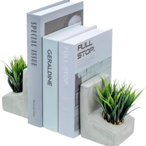 supplier direct mygift modern gray concrete l-shaped bookends for heavy books with artificial green grass plants, decorative heavy duty book stands for office desktop or bookshelf, 1 pair wholesale prices