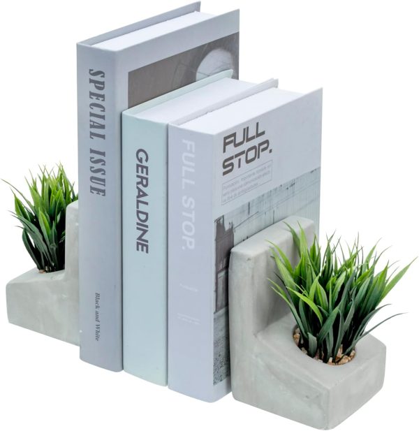 supplier direct mygift modern gray concrete l-shaped bookends for heavy books with artificial green grass plants, decorative heavy duty book stands for office desktop or bookshelf, 1 pair wholesale prices