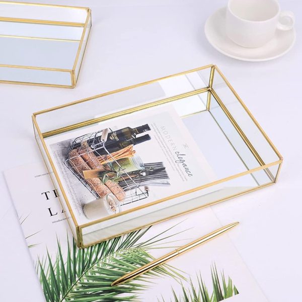 wholesale direct sooyee rectangle mirror decorative tray, gold can hold perfume, jewelry, cosmetics, makeup, magazine and more, for vanity,dresser,bathroom,bedroom(12”x8”) bulk purchase at factory prices