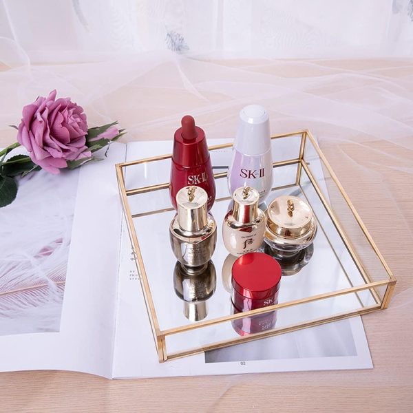wholesale direct sooyee rectangle mirror decorative tray, gold can hold perfume, jewelry, cosmetics, makeup, magazine and more, for vanity,dresser,bathroom,bedroom(12”x8”) bulk purchase at factory prices