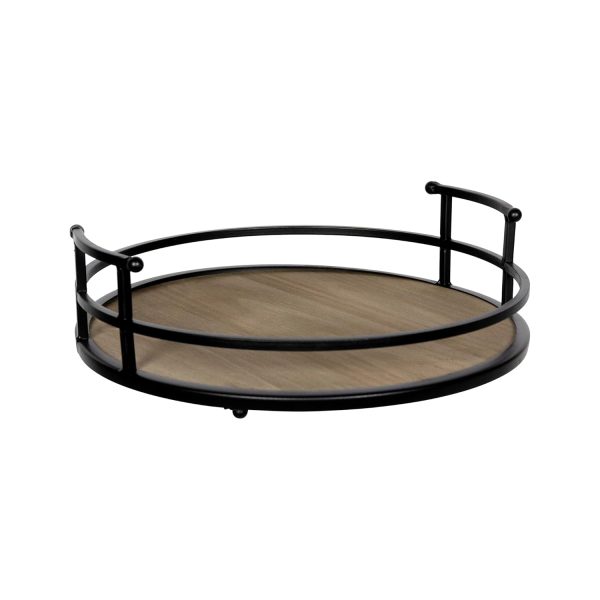 wholesale direct stratton home decor metal and wood round tray | wooden coffee table tray decor for empty table surfaces | decorative round serving tray with handles bulk purchase at factory prices