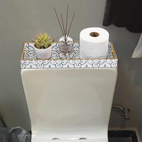 wholesale direct maoname white decorative tray, plastic vanity tray with handles, rectangular moroccan tray, long narrow tray for bathroom, toilet tank, 13.8" x 6" x 1.57" bulk purchase at factory prices