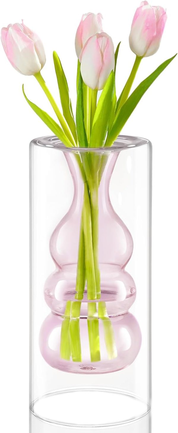 oem/odm services zens modern pink glass vase, hand blown hollowed out bubble decorative glass flower vases for wedding decor home small bouquet. affordable bulk deals