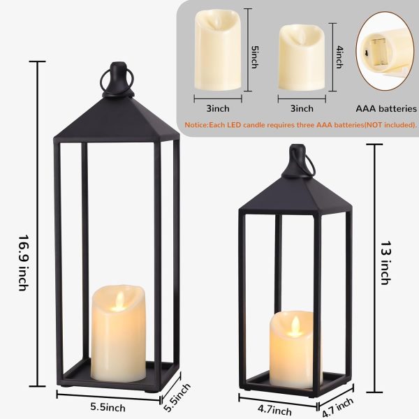 custom wholesale lanterns decorative outdoor indoor, 17" 13" set of 2 black vintage lantern with flameless candle, modern farmhouse lantern decor for room, christmas lanterns decorative for porch, garden oem/odm services