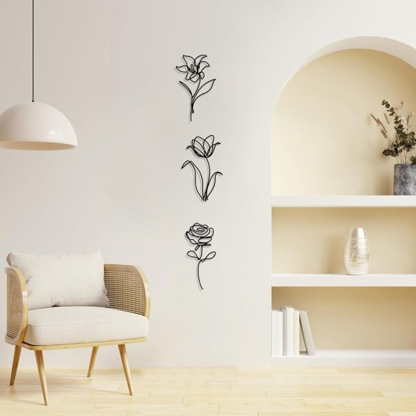 factory direct oubasa black metal flowers wall decor for bathroom, cute floral wall sculptures minimalist wall art for kitchen bedroom living room restroom decoration, 6x10 inches, set of 3 volume discount