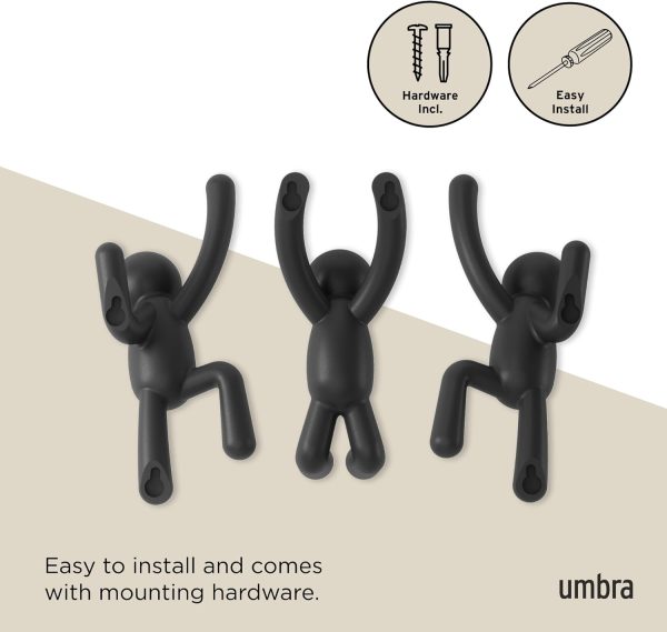 competitive pricing umbra buddy wall hooks – decorative wall mounted coat hooks for hanging coats, scarves, bags, purses, backpacks, towels and more, set of 3, black one-stop wholesale