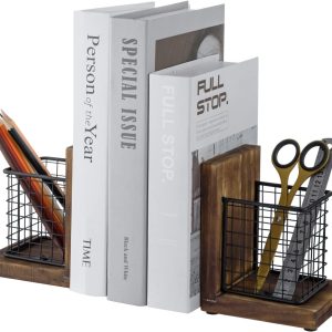 supplier direct mygift rustic burnt wood decorative bookends for heavy books with matte black metal wire basket pencil cup and office supplies storage baskets, 1-pair wholesale prices