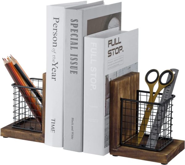 supplier direct mygift rustic burnt wood decorative bookends for heavy books with matte black metal wire basket pencil cup and office supplies storage baskets, 1-pair wholesale prices