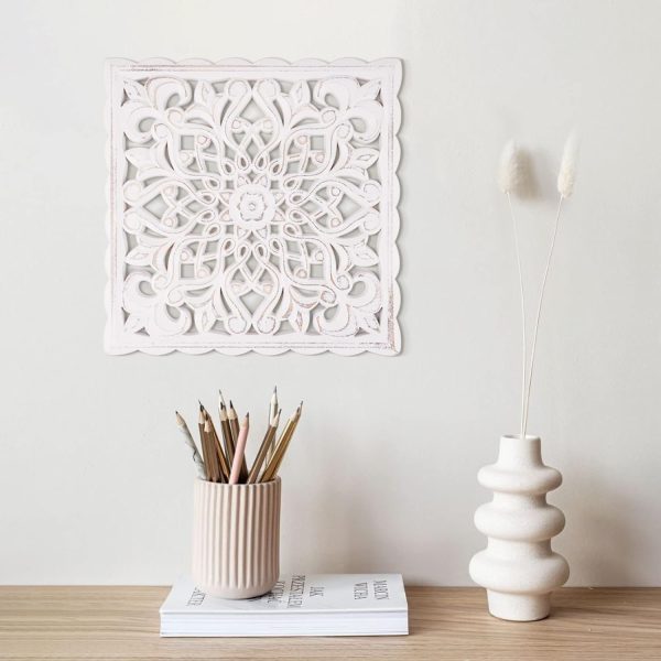 bulk purchase wall décor art, carved wooden wall panel hanging decor, decorative carved floral-patterned distressed white mdf wall panel for iving room bedroom, 12" x 12" trade price