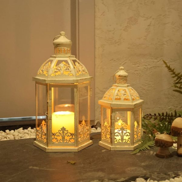 custom wholesale lanterns decorative outdoor&indoor, set of 2 (15"&11") beige metal lantern decor with glass, candle holder for porch, patio, garden, fall, wedding, christmas, table centerpiece oem/odm services