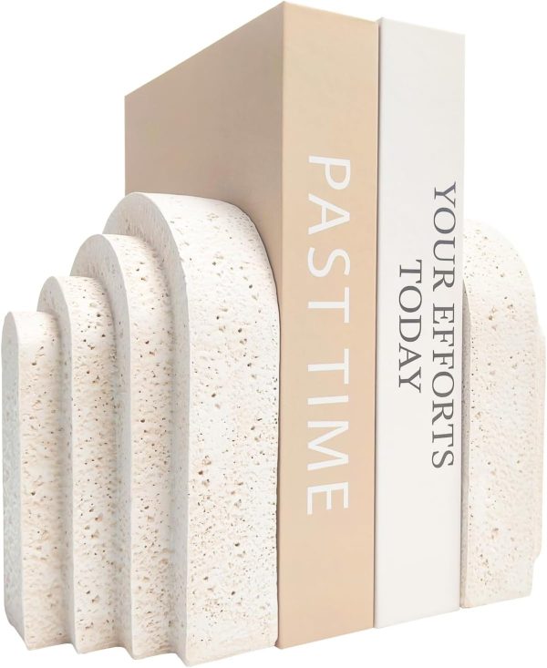 supplier direct heavy duty book ends for shelves, decorative book stopper for shelves, resin decor bookends for heavy books, modern home decor aesthetic book ends aesthetically pleasing layered arch design, set of 2 wholesale prices