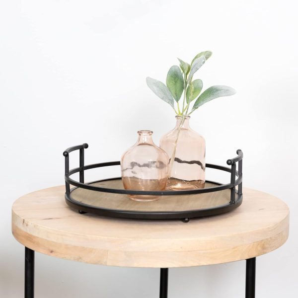 wholesale direct stratton home decor metal and wood round tray | wooden coffee table tray decor for empty table surfaces | decorative round serving tray with handles bulk purchase at factory prices