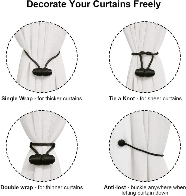 bulk purchase tifanso black magnetic curtain tiebacks - 4pcs curtain tie backs for curtains, decorative curtain ties holdbacks for drapes, boho drapery tiebacks, no drill curtain hooks for bedroom, farmhouse decor factory discount