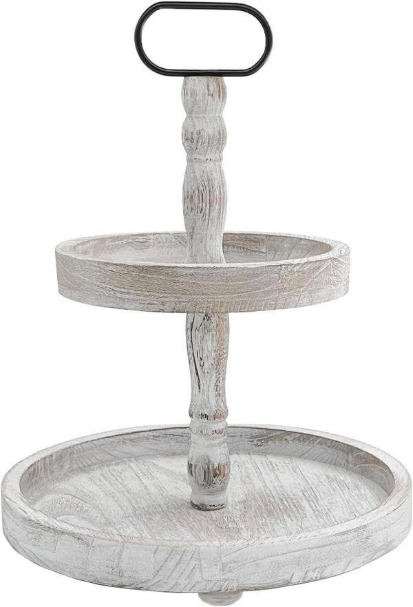 wholesale direct farmhouse 2 tiered tray stand for home decor, wooden serving tiered tray for coffee bar table centerpiece, decorative trays kit for countryside, round rustic stand for cake cupcake(white) bulk purchase at factory prices
