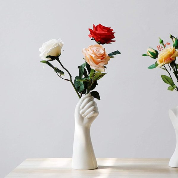 oem/odm services 9 inch modern art ceramic flower vase hand holding plants flower container, tabletop white arm vase for home office decoration affordable bulk deals