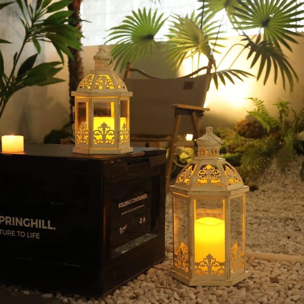 custom wholesale lanterns decorative outdoor&indoor, set of 2 (15"&11") beige metal lantern decor with glass, candle holder for porch, patio, garden, fall, wedding, christmas, table centerpiece oem/odm services