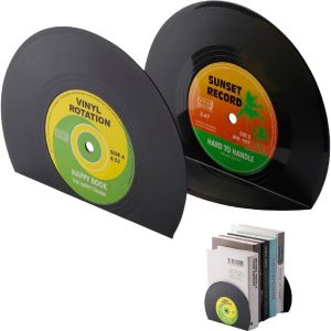 supplier direct modern bookends for shelves, retro vinyl record design bookends decorative bookends for vintage lovers, music lovers decorative book stopper for home (1 pair） (black) wholesale prices