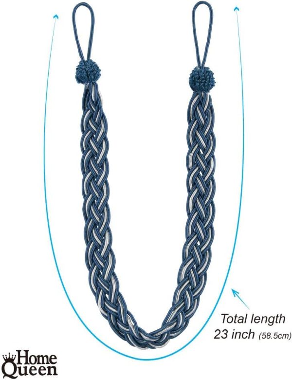 bulk purchase home queen hand braided curtain tie back, buckle holdback drapery curtain tiebacks, 2 rope belt curtain tie with 2 metal hooks, navy and silver factory discount