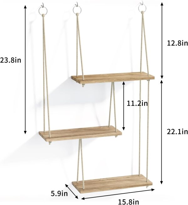 bulk purchase fixwal hanging shelves for wall, 3 tier boho wall decor plant rack floating shelves rope rustic wood organizer storage hanger for aesthetic home bedroom kitchen bathroom- rustic brown trade price